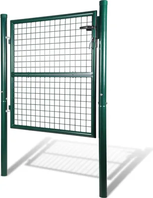 A green metal garden gate is shown standing upright on a white background.