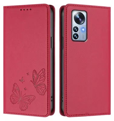 Produktbild von Lederhülle für Xiaomi 12 Pro / 12S Pro, Schmetterling Prägung Leder Brieftasche Schutzhülle mit Ständer Rot