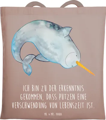 Produktbild von Mr. & Mrs. Panda Schultasche Narwal - Braun Pastell - Geschenk, canvas tasche, Meer, dokumententasche, Putzen, Hausfrau, Kinderzimmer, Shopping, Tote Bag, Aufräumen, Wal