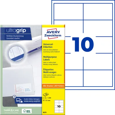 Produktbild von Avery Zweckform 3679, Universal-Etiketten, A4, Qualitätsdruck mit: ultragrip, 97 x 55 mm, 1.000 Etiketten / 100 Bögen, weiß