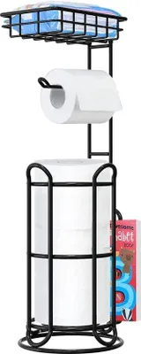 Productafbeelding van Unyqoos® Vrijstaand toiletpapierrek met opbergruimte – Toiletrolhouder & tissuehouder, ruimtebesparend voor de badkamer, zwart