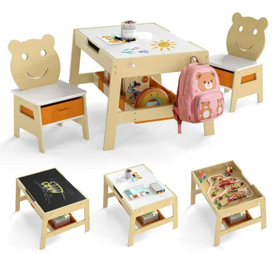 Produktbild von FANTASK Kindertisch mit 2 Bärenstühlen, 5-in-1 Maltisch mit Wendetafel & Whitebo