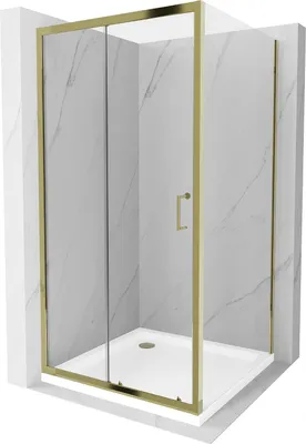 Image de Mexen Apia Paroi de douche pliante 100 x 100 cm, Transparent, Or + Receveur de douche plat, Blanc- 840-100-100-50-00-4010G