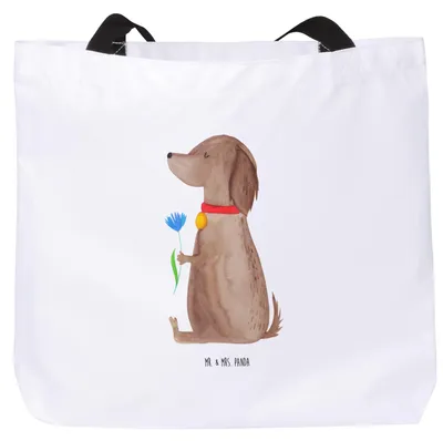 Produktbild von Mr. & Mrs. Panda Tote Bag Hund Blume - Weiß - Geschenk, Reisetasche, Strandtasche, Einkaufstasche, Hunderasse, Hundemama, Tasche, Hunde, Laptoptasche, Süß
