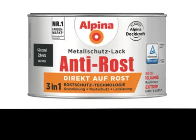 Produktbild von Alpina 300 ml Anti-Rost Metallschutz-Lack, 3in1, RAL 9005 Schwarz Glänzend