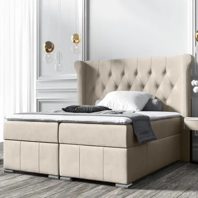 Produktbild von Selsey MONTUNO - Doppelbett 180 x 200 cm mit Samtbezug in Beige, Taschenfederkernmatratze, Topper und Stauraum