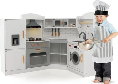 Produktbild von GOPLUS Eckspielküche aus Holz, Kinderküche mit Eismaschine, Mikrowelle, Herd, Ofen, Spüle & Waschmaschine, Kinderspielküche mit Lichtern und Geräuschen für Kinder 3–10 Jahren