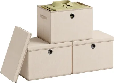 Produktbild von Aufbewahrungsboxen mit Deckel, Set aus 3 – Faltbare Stoff-Aufbewahrungsboxen – Stapelbar – 43 x 30 x 30 cm – Beige