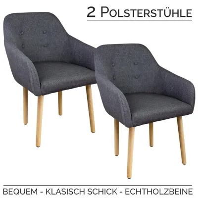 Produktbild von Stühle Esszimmerstühle Armlehnstuhl Polsterstuhl Stoff Sessel mit Armlehne Echtholz Stuhlbeine in 2er, 4er, 6er, 8er Set, in verschiedenen Farben Kingpower , Auswahl:2 Sessel - dunkelgrau
