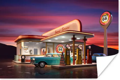 Produktbild von MuchoWow® Poster Tankstelle - Auto - Oldtimer 60x40 cm - Schlafzimmerdekoration