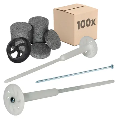 Produktbild von PROTEKTOR 100x Dämmstoff-Schraubdübel Set Ø8x300mm + Rondelle, Fräser & Stahlschraube, WDVS Dübel, Dämmstoffdübel zur Fassaden Dämmung, Langschaftdübel bei Wärmedämmung