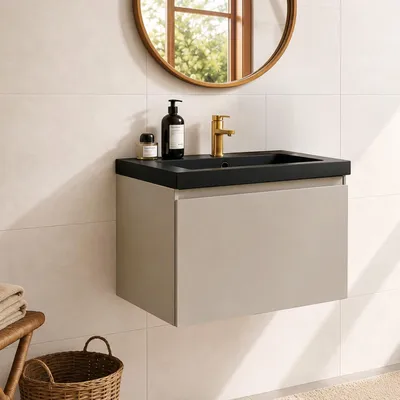 Produktbild von LOMAZOO Badezimmermöbel Greige 60cm - Schwarzes Waschbecken - Beige-graues Waschbeckenmöbel - Schwebender Waschbeckenunterschrank [MODENA]