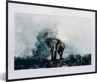 Produktbild von MuchoWow® MuchoWow® Gerahmtes Poster Elefant - Aquarell - Blau 60x40 cm - Poster mit zchwarzem Bilderrahmen - Schlafzimmer - Plakat in Rahmen - Drucken