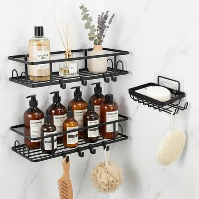 Immagine prodotto di Set di 3 mensole da doccia senza foratura, in acciaio inossidabile nero, con 8 ganci, adatte per doccia e cucina