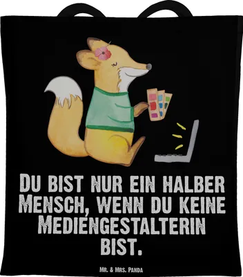 Produktbild von Mr. & Mrs. Panda Tote Bag Mediengestalterin Herz - Schwarz - Geschenk, Spruch, Jutebeutel, Grafikdesignerin, Unitasche, Designer, Mediengestalter, Beutel, Shopping Tasche