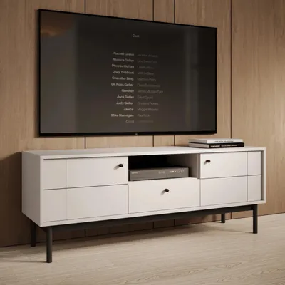 Productafbeelding van TV-meubel Sora, 154 cm breed, in de kleur cashmere met zwarte metalen poten