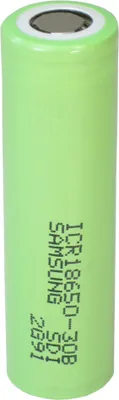 A single green lithium-ion battery cell with text printed on it, set against a white background.