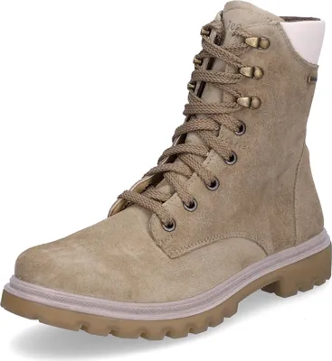 A single beige lace-up boot is shown against a white background.