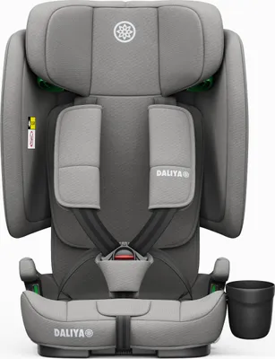 A front view of a gray child car seat.