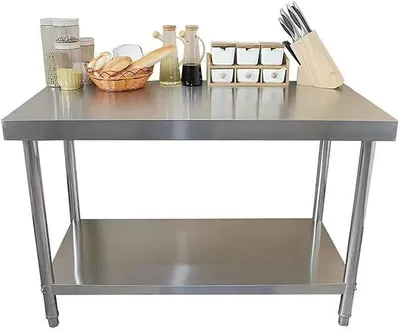 Imagen del producto de Mesa de preparación de acero inoxidable para cocina y hostelería, mesa de trabajo industrial con 2 estantes, 99,8 x 60 cm, ideal para restaurantes, hoteles, casas, jardines y garajes