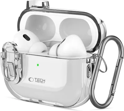 A clear protective case for Apple AirPods Pro 1 / 2, showing the earbuds inside and a carabiner clip attached.