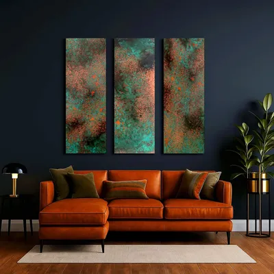 Image de CopperAndCraft Peinture murale en cuivre 90x90 cm, Triptyque en métal fait à la main, Décoration murale abstraite, Revêtement mural rustique, 3 panneaux, Hers européen