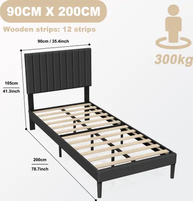 Image de LARS360 90 x 200 cm Lit plateforme en tissu avec tête de lit rembourrée, cadre de lit pour une personne en noir, design robuste et confortable pour la chambre à coucher