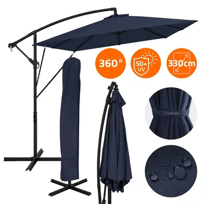Produktbild von ML-Design Ampelschirm Ø 330 cm Navy-Blau Alu Rechteckig, Sonnenschirm mit Kurbel, Abdeckung & Ständer UV50+ & wasserabweisend 360° drehbar & neigbar