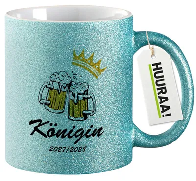 Produktbild von Huuraa Glitzertasse Königin 2027/28 Bierkrug Schüztenkönigin 330ml Blau Keramik Kaffeebecher Geschenkidee