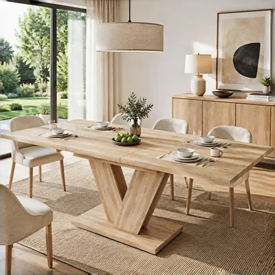 Produktbild von Ausziehbarer Esstisch 140–180 x 80 cm, rechteckig, verdickte Tischplatte aus MDF, V-förmige Metallbeine, 60 kg belastbar, Eichenoptik