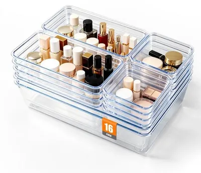 Schubladen-Organizer-Set, 16-teilig, 4 Größen, transparent, stapelbar