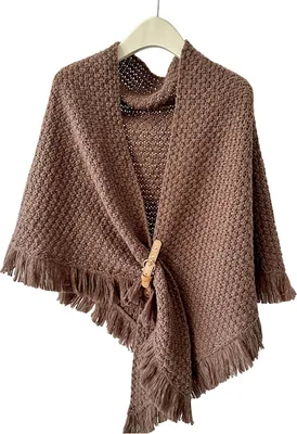 Produktbild von Herbst-Winter-Strickschal mit Quastendekoration, einfarbiger Dreiecksschal mit Knöpfen, verdickter warmer Strickschal