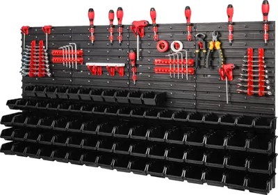 Produktbild von Lagersystem Wandregal 1544 X 780 Mm | 79 Stück Schwarz Stapelboxen + 36 Rot Werkzeughalter | Stapelboxen Wandplatten