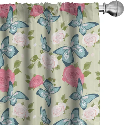 Obrázek produktu pro ABAKUHAUS Závěsy s motivem hmyzu, záclony, opakující se romantický vzor s růžemi a motýly, jaro, 2 kusy 75 x 175 cm, pastelově zelená, vícebarevné