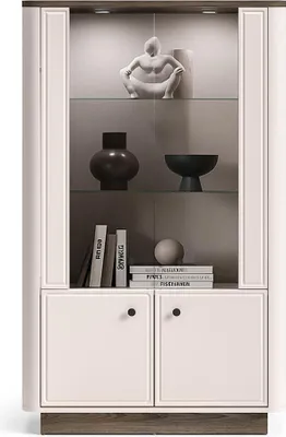Produktbild von Wohnzimmer Highboard Vitrine in Beige mit Eiche, moderner Stil, 2 Türen, LED-Beleuchtung - VEJANO-131