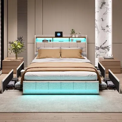 Image de Lit double - 160x200 cm - Avec 4 tiroirs - Revêtement en lin - Éclairage LED et ports USB