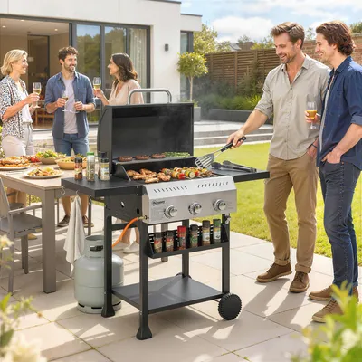 Produktbild von Gasgrill 3 Brenner Grillwagen, BBQ-Grill Edelstahl mit Seitentisch klappbar, Schwarz | 123 x 57 x 102 cm | 3 x 3 kW | 9 kW gesamt