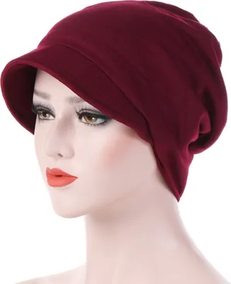Produktbild von Mode Baumwolle Frauen einfarbig warme Herbst Beanie Cap mit Krempe Turban Hut, Farbe: Weinrot