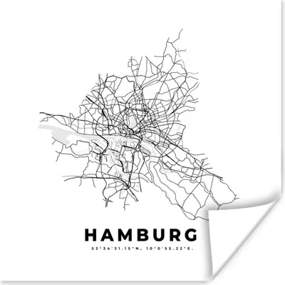 Produktbild von MuchoWow® Poster Stadtplan - Schwarz-weiß - Karte - Hamburg - Deutschland 50x50 cm - Wohnzimmerdekoration