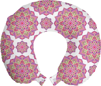 Image de ABAKUHAUS Coussin de voyage violet Mandala, coussin cervical, Lotus Essence, mousse, article de voyage pour avion et voiture, 30 x 30 cm, vert tilleul et fuchsia