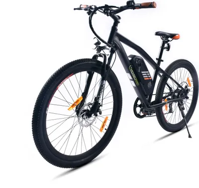 A black electric mountain bike is shown against a white background.