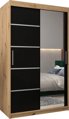Produktbild von Kleiderschrank, Schiebetürenschrank Schlafzimmer, Schrank mit Spiegel VERONA 2 120 cm, Artisan Eiche + Schwarz Matt