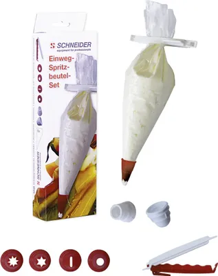 Produktbild von Einweg-Spritzbeutel 10-er Set mit 4 unterschiedlichen Tüllen und Clip im Karton