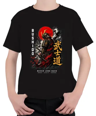 Obrázek produktu pro Bushido, kodex samurajů, japonský válečník, slunce, katana, Y2K, ronin, šógun, dětské tričko, černá barva, velikost 140