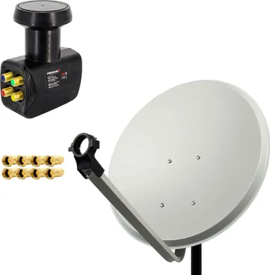 A satellite dish and its components are displayed against a white background.