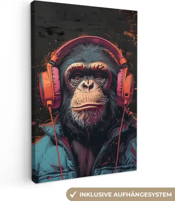 Produktbild von MuchoWow® - Leinwandbilder - Graffiti - Schimpanse - Kopfhörer - Affe, Wandbild, Wanddeko Bilder Wohnzimmer, 60x90 cm