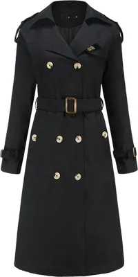 Produktbild von ASKSA Damen Trenchcoat Zweireihiger Langer Mantel Leichte Winddichter uebergangsmantel mit Knoepfen, Schwarz, L