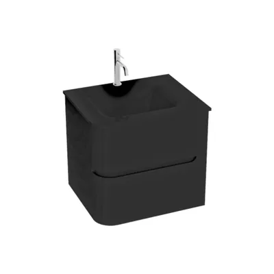 A black bathroom cabinet with a sink and faucet, isolated on a white background.