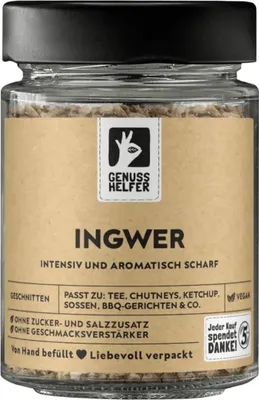 Produktbild von Ingwer, geschnitten, aromatisch scharf, getrockneter Ingwer für Tee & zum Kochen, 70g im Glas