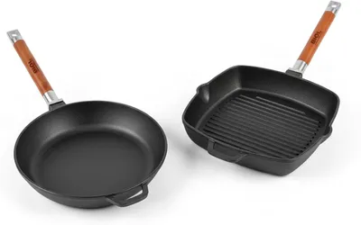 Zdjęcie produktu dla Zestaw patelni żeliwnych – patelnia do duszenia, patelnia do smażenia i grill – średnica 26 cm – z drewnianymi uchwytami